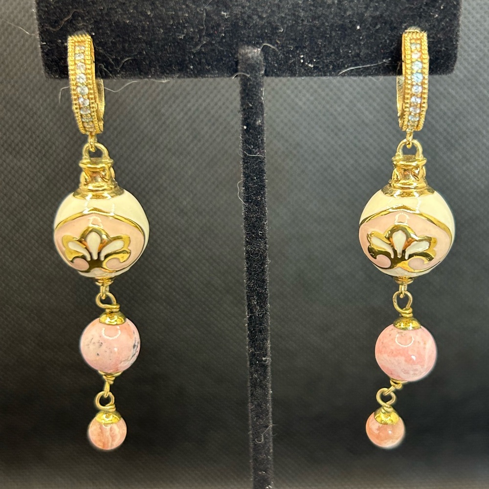 Lauren G Adams Gold, Pink and Cream Enamel Ball Dangle Earrings